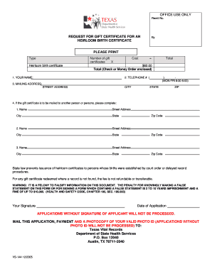 Request for Gift Certificate for Heirloom Birth Certificate