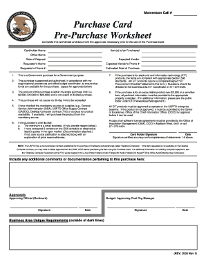 USPTO Purchase Card Pre-Purchase Worksheet
