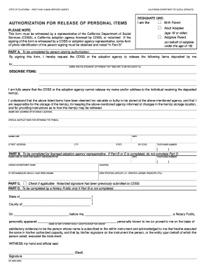 California Authorization for Release of Personal Items