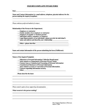 West Virginia Department of Revenue Inquiry/Complaint Form