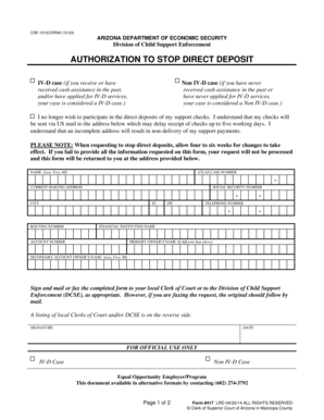 Arizona Authorization to Stop Direct Deposit