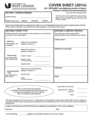 London College of Music Examination Cover Sheet