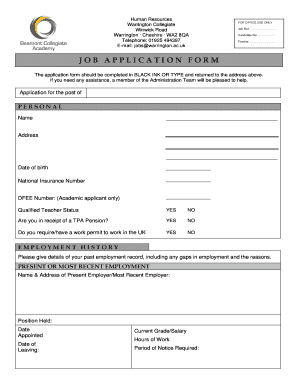 Job Application Form for UK Education Sector