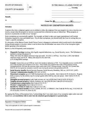 Indiana Small Claims Court Notice of Exemption Rights