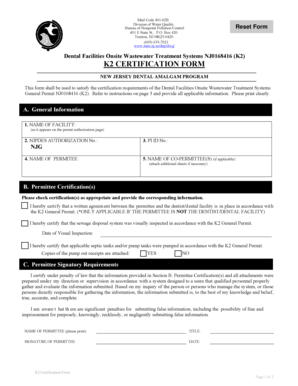 New Jersey Dental Amalgam Program K2 Certification Form