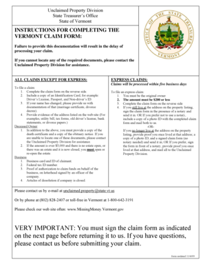 Vermont Unclaimed Property Claim Form