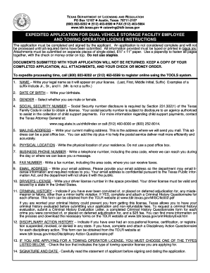 Expedited Application for Dual Vehicle Storage Facility Employee and Towing Operator License