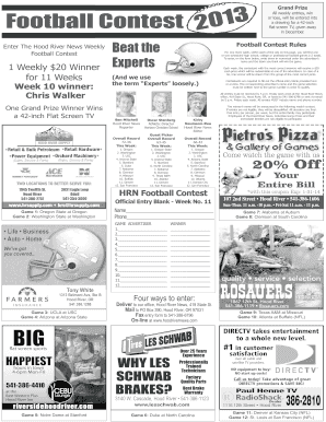 Hood River News Football Contest Entry Form