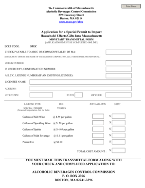 Massachusetts Special Permit to Import Alcoholic Beverages