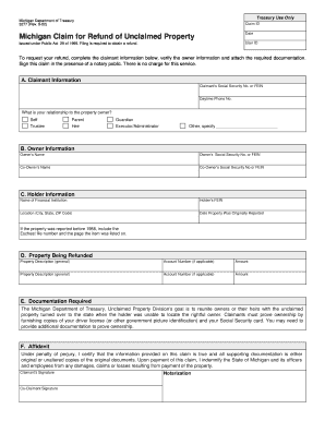 Michigan Claim for Refund of Unclaimed Property