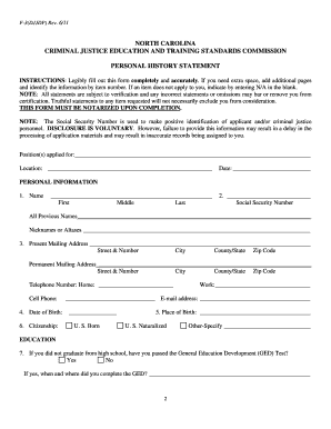 North Carolina Criminal Justice Personal History Statement