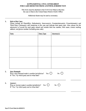 US Federal Civil Cover Sheet for Removed Cases
