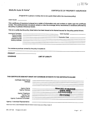 Certificate of Property Insurance