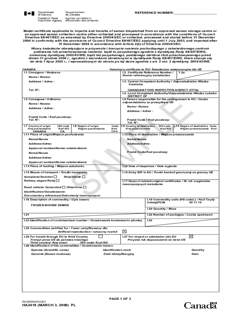 Fillable Online chapter 47 model animal health certificate for entry