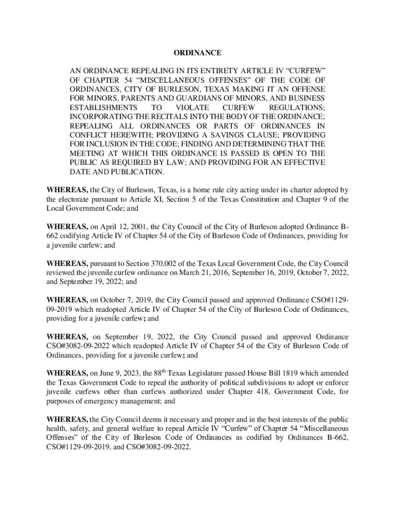 Fillable Online an ordinance of the city of burleson, texas, amending
