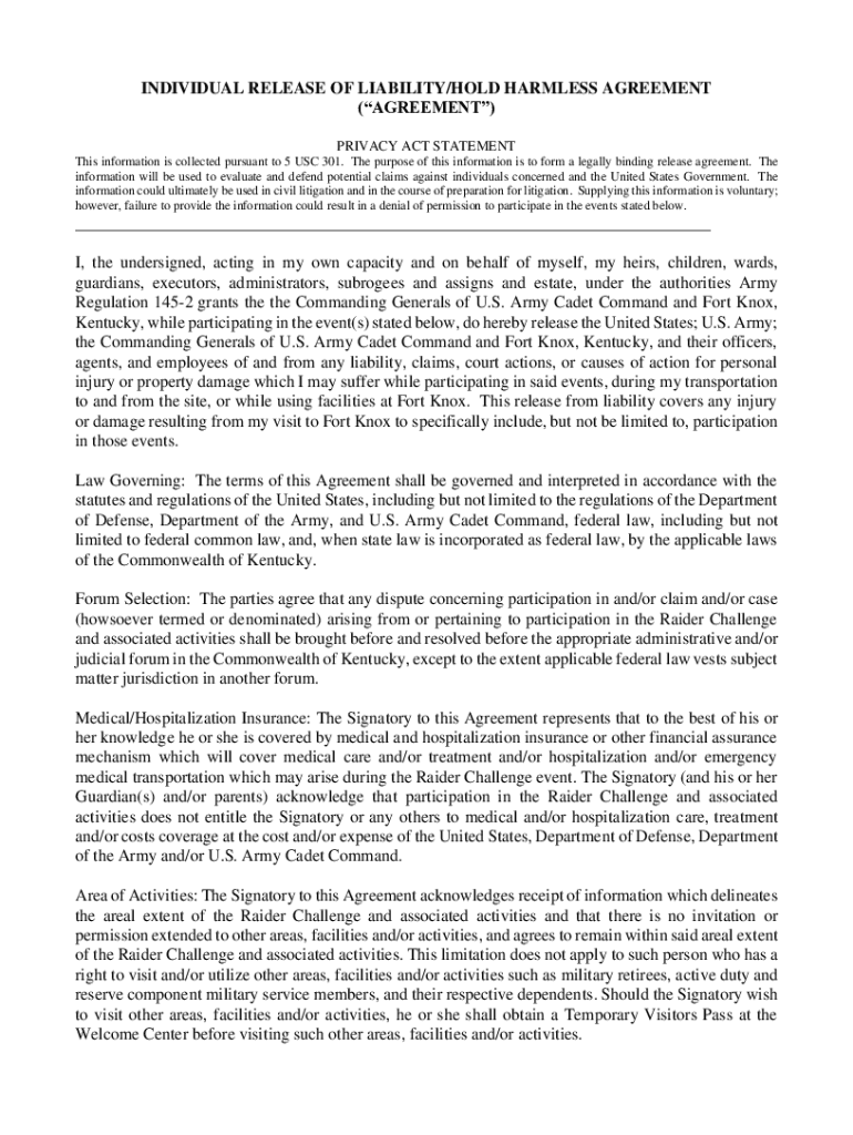 Fillable online individual release of liability hold harmless agreement