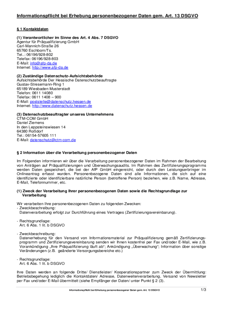 Ausfüllbar Online Informationspflicht bei Erhebung personenbezogener