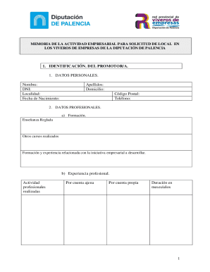 MEMORIA DE LA ACTIVIDAD EMPRESARIAL PARA SU ADMISIN EN EL VIVERO DE EMPRESAS DE AGUILAR DE CAMPOO