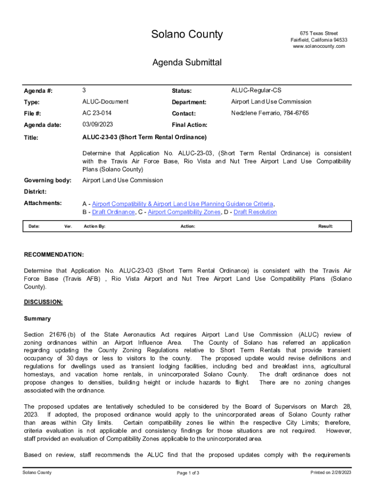 Fillable Online ALUC-23-03 Short Term Rental Ordinance (Solano County) Fax  Email Print - pdfFiller