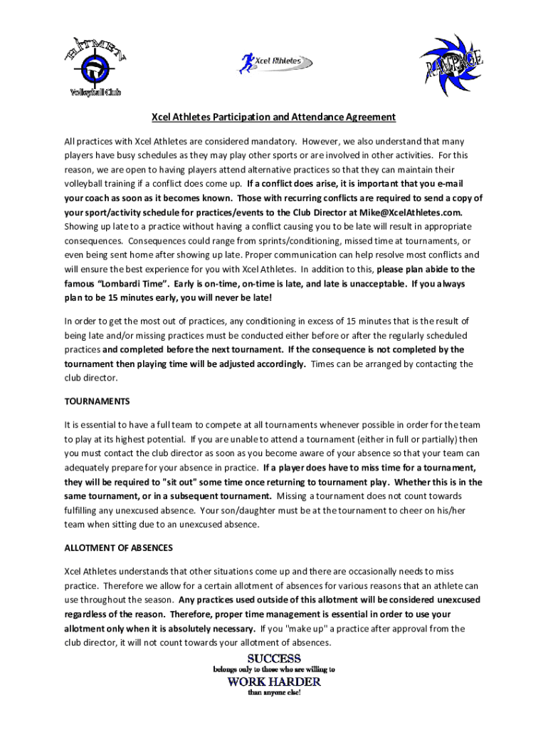 Fillable Online Xcel Athletes Participation and Attendance Agreement Fax Email Print - pdfFiller
