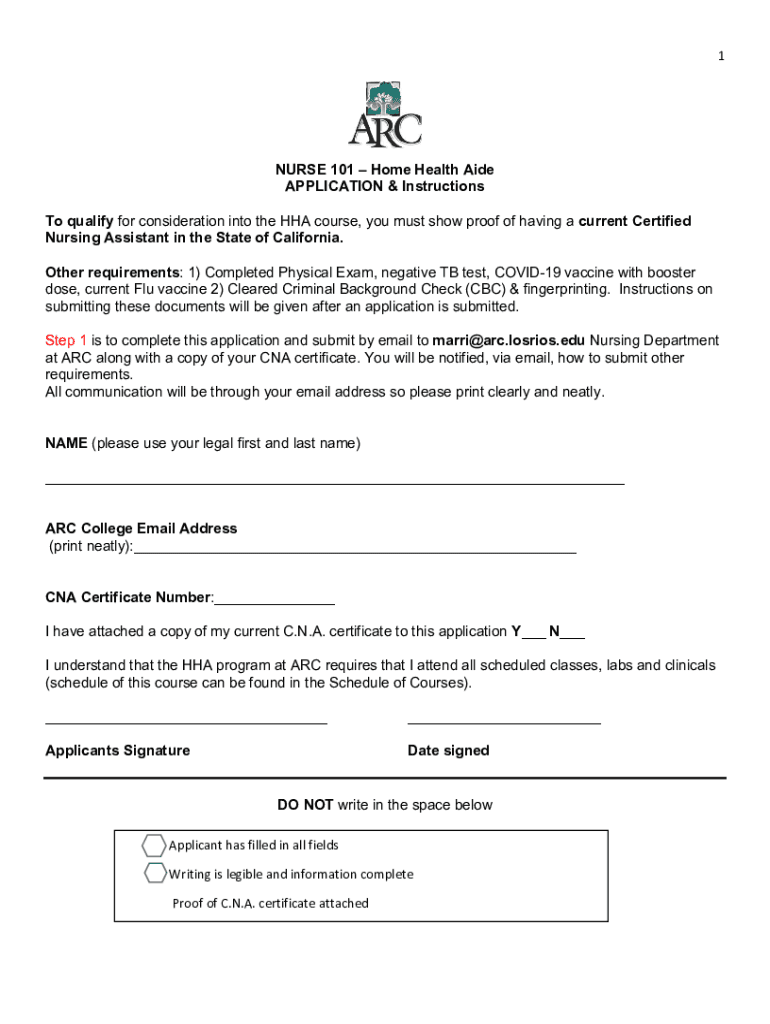 Fillable Online arc losrios Home Health Aide APPLICATION &amp; Instructions ...