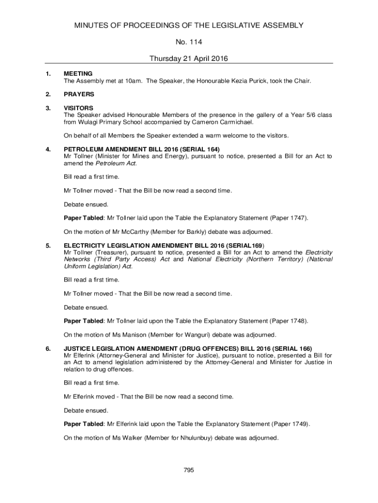 Fillable Online parliament nt gov The Assembly met at 10am Fax Email