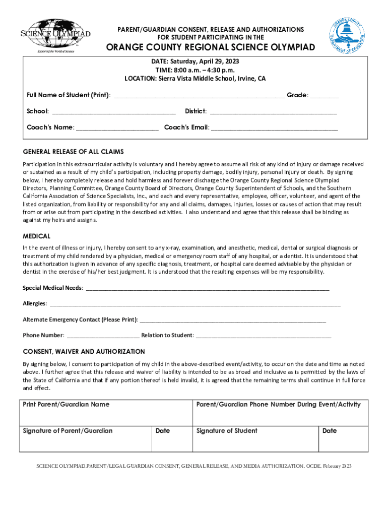 Fillable Online ORANGE COUNTY REGIONAL SCIENCE OLYMPIAD Fax Email Print