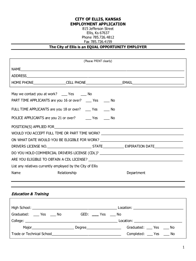 Fillable Online ellis ks GENERAL PUBLIC WORKS EMPLOYEE I Sanitation
