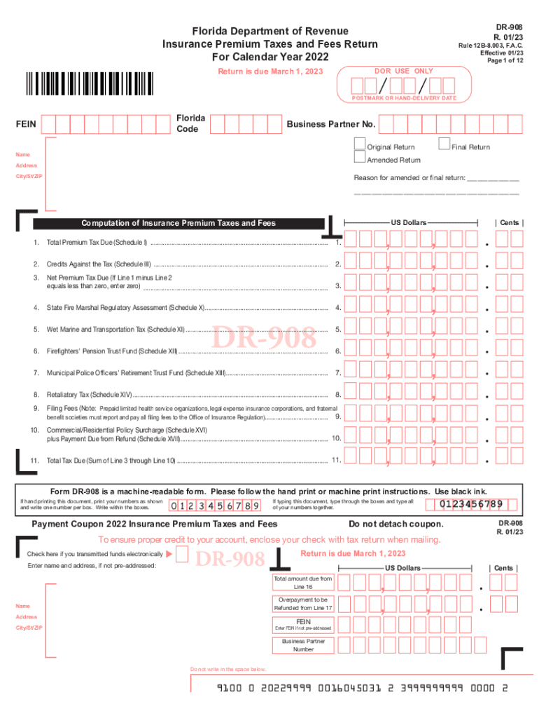 DR-908 Florida Insurance Premium Taxes and Fees Return Preview on Page 1