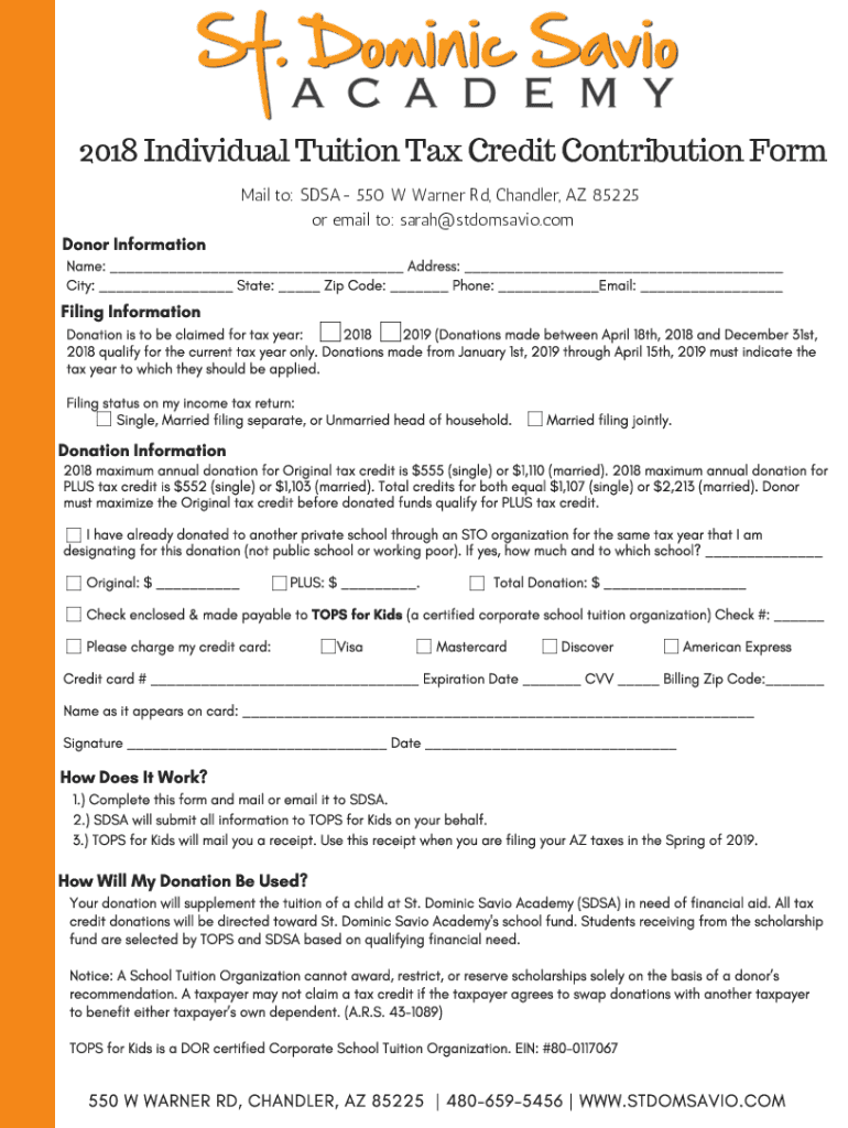 Fillable Online 2018 Individual Tuition Tax Credit Contribution Form