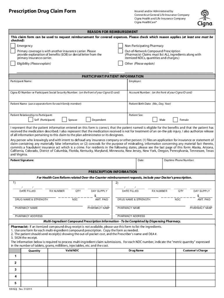 Cigna Prescription Drug Claim Form Preview on Page 1