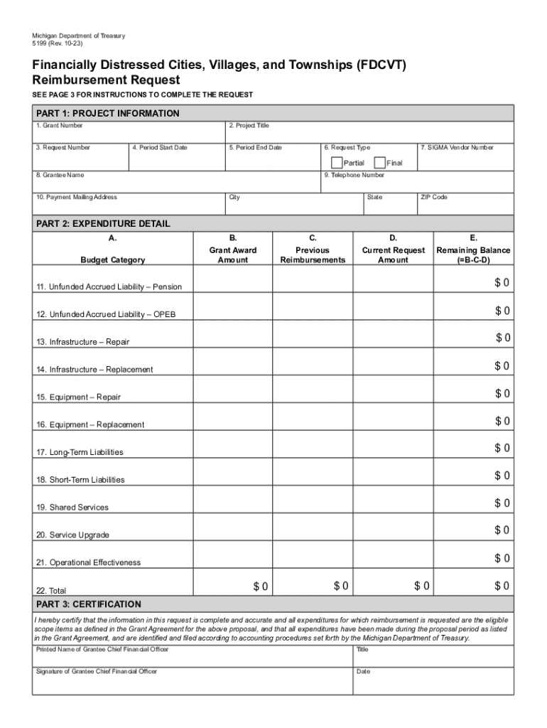 5199, Financially Distressed Cities, Villages, and Townships (FDCVT) Reimbursement Request Preview on Page 1