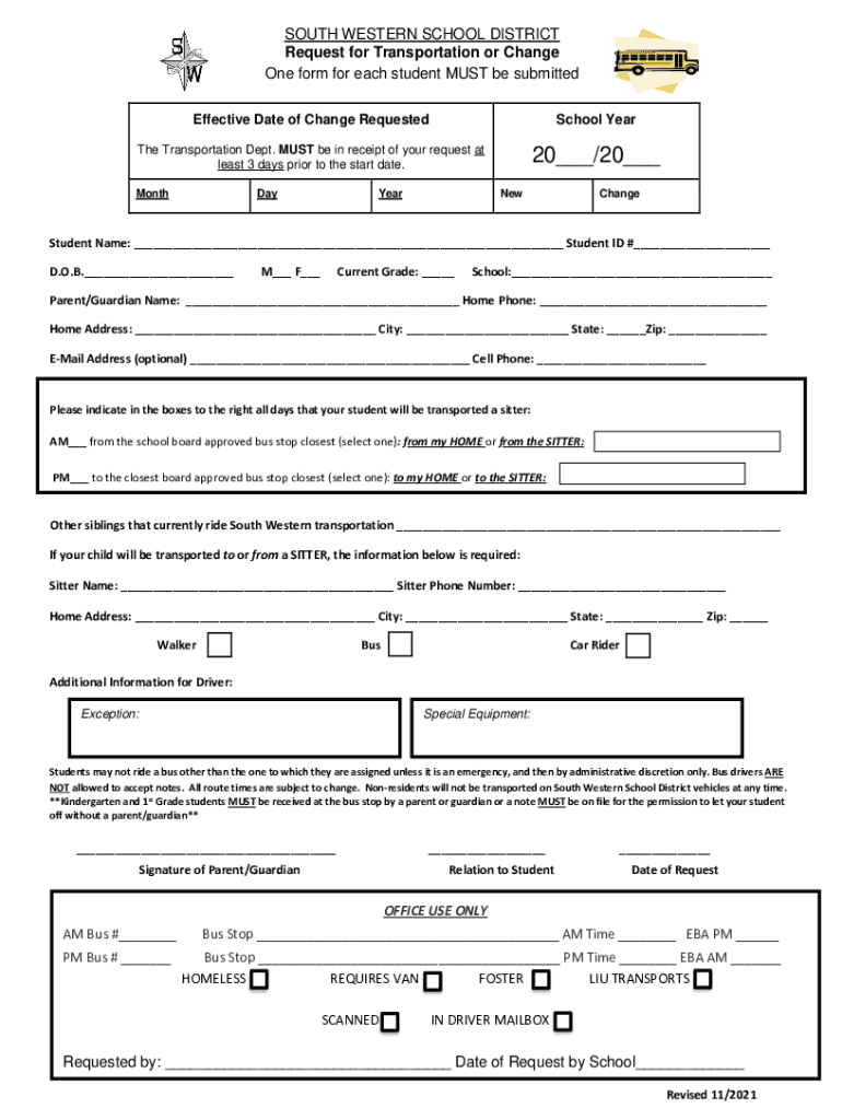 Fillable Online South Western School District Request for ...