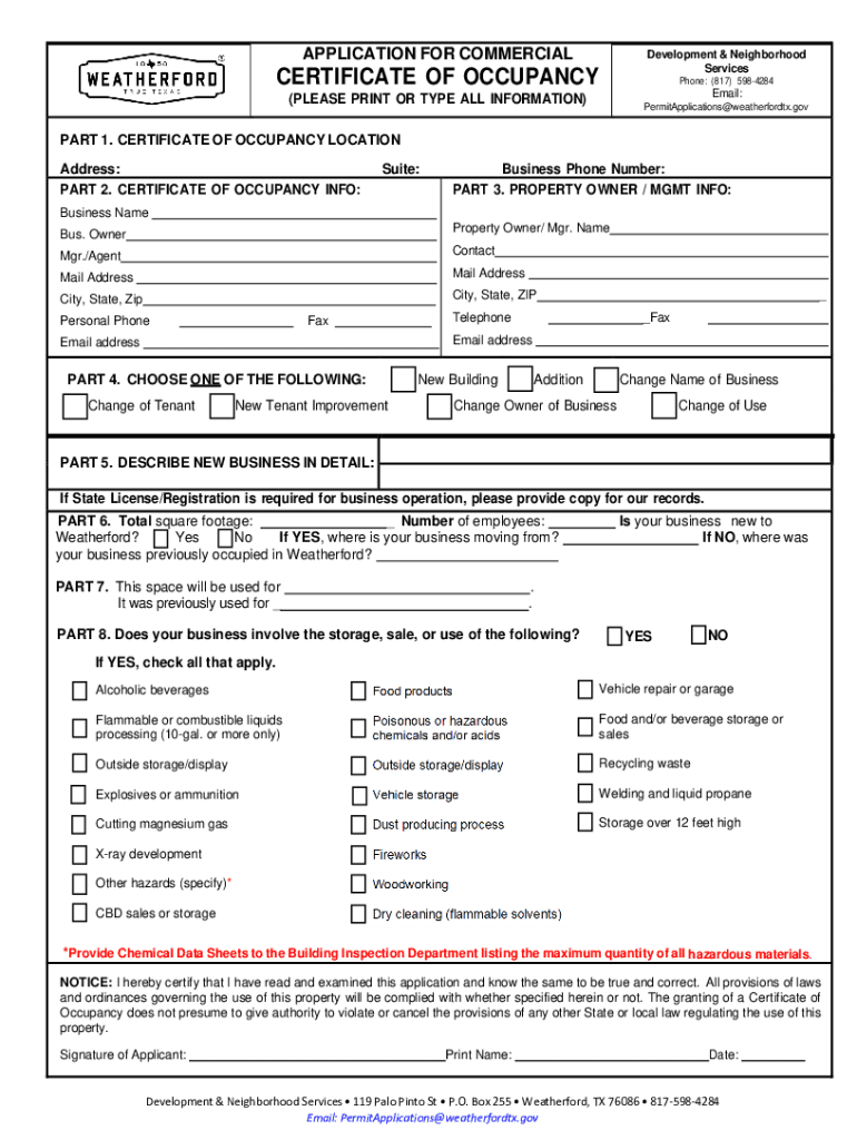 Fillable online commercial certificate of occupancy permit application