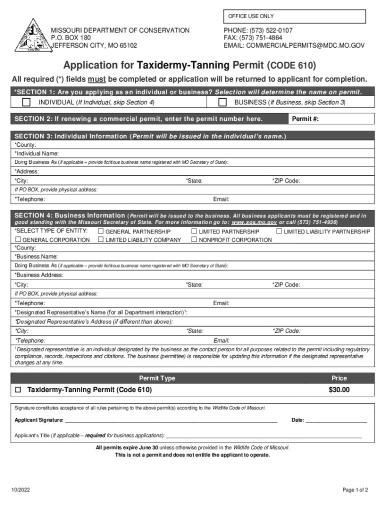 Fillable Online mdc mo Application for TaxidermyTanning Permit Fax