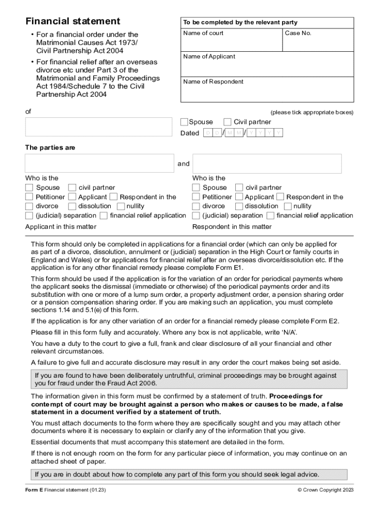 Form E Financial Statement Preview on Page 1