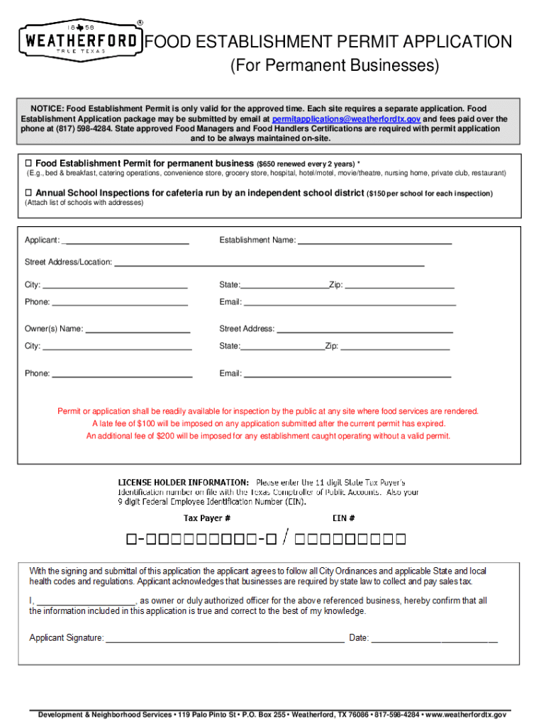 Fillable Online Form CenterFood Establishment Permit Application Fax