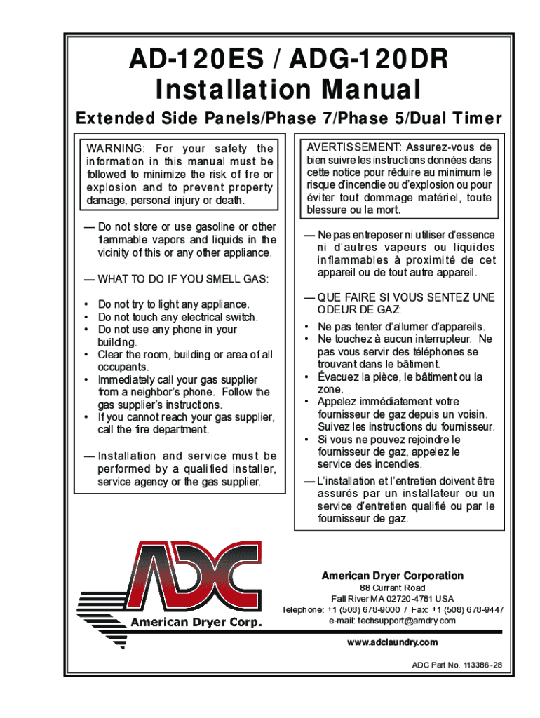 Fillable Online American Dryer Corp. AD120ES Installation & Operator's