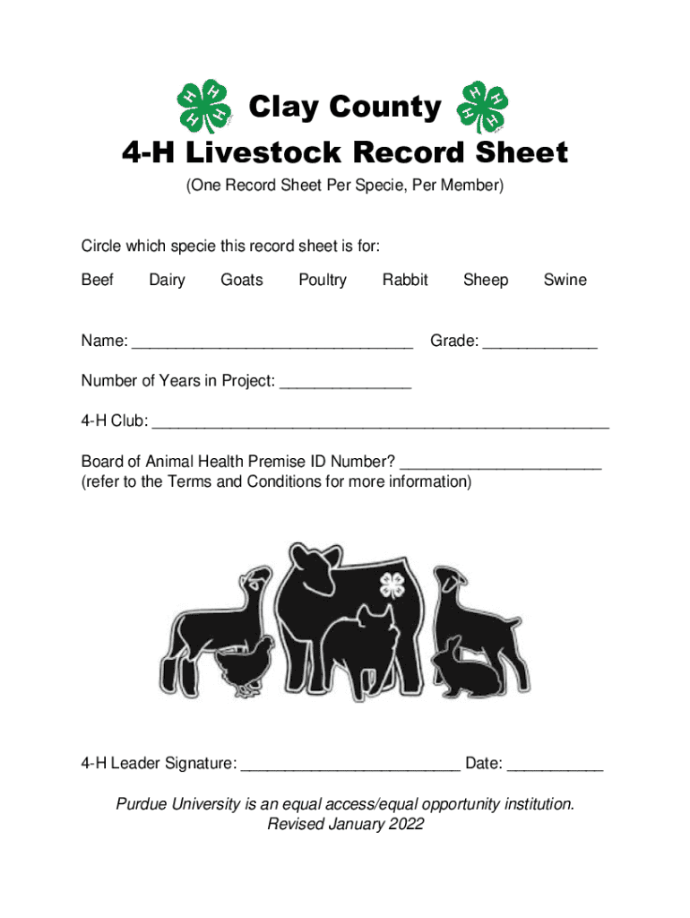 Fillable Online extension purdue Clay County 4H Livestock Record Sheet