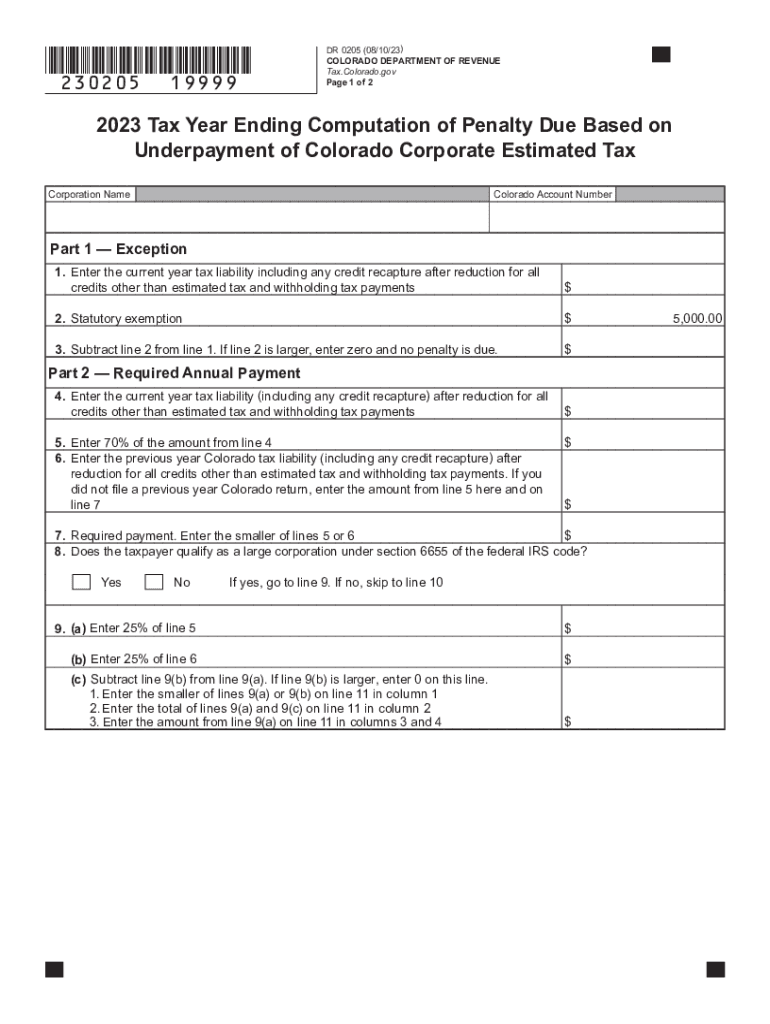 DR 0205 2023 Tax Year Ending Computation of Penalty Due Based on Underpayment of Colorado Corporate  Preview on Page 1