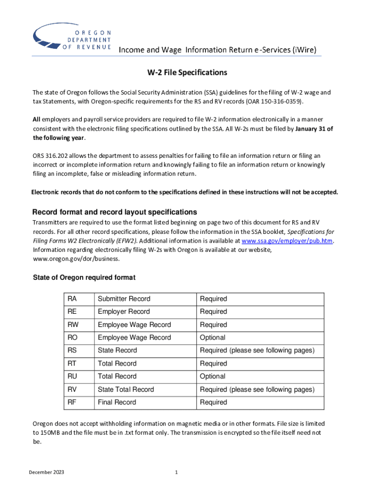 Oregon Department of Revenue : W-2 File Specfications Preview on Page 1