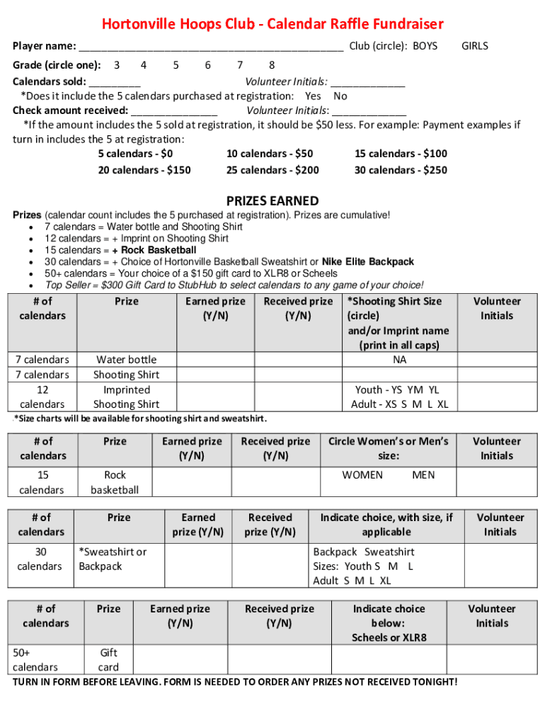 Fillable Online Congrats to these calendar raffle... Hortonville