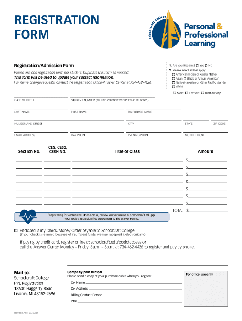 Fillable Online REGISTRATION FORM Schoolcraft College Fax Email Print