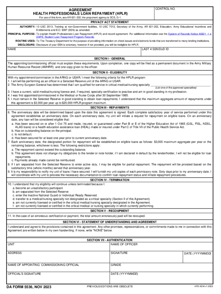 AGREEMENT HEALTH PROFESSIONALS LOAN REPAYMENT (HPLR) DA FORM 5536, NOV 2023 Preview on Page 1