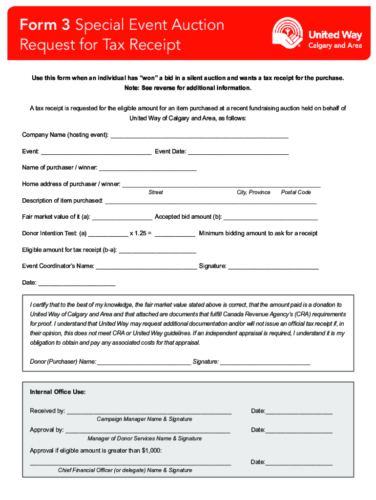 Fillable Online Form 3 Special Event Auction Request for Tax Receipt