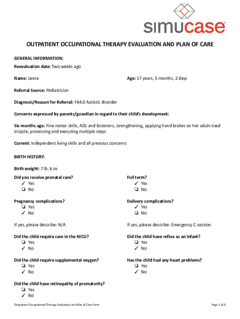 Fillable Online Leora Occupational Therapy Evaluation and Plan of Care ...