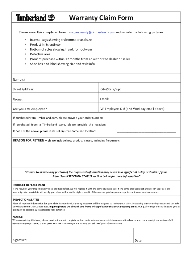 Timberland Warranty Claim Form - Fill Online, Printable, Preview on Page 1