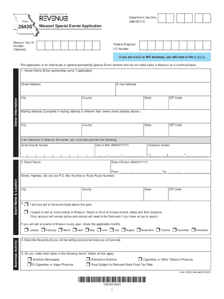 2643S - Missouri Special Events Application Preview on Page 1