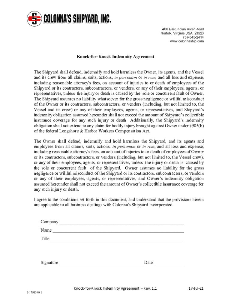 Fillable Online Knock for Knock Indemnity Agreement 7.17.21.docx Fax