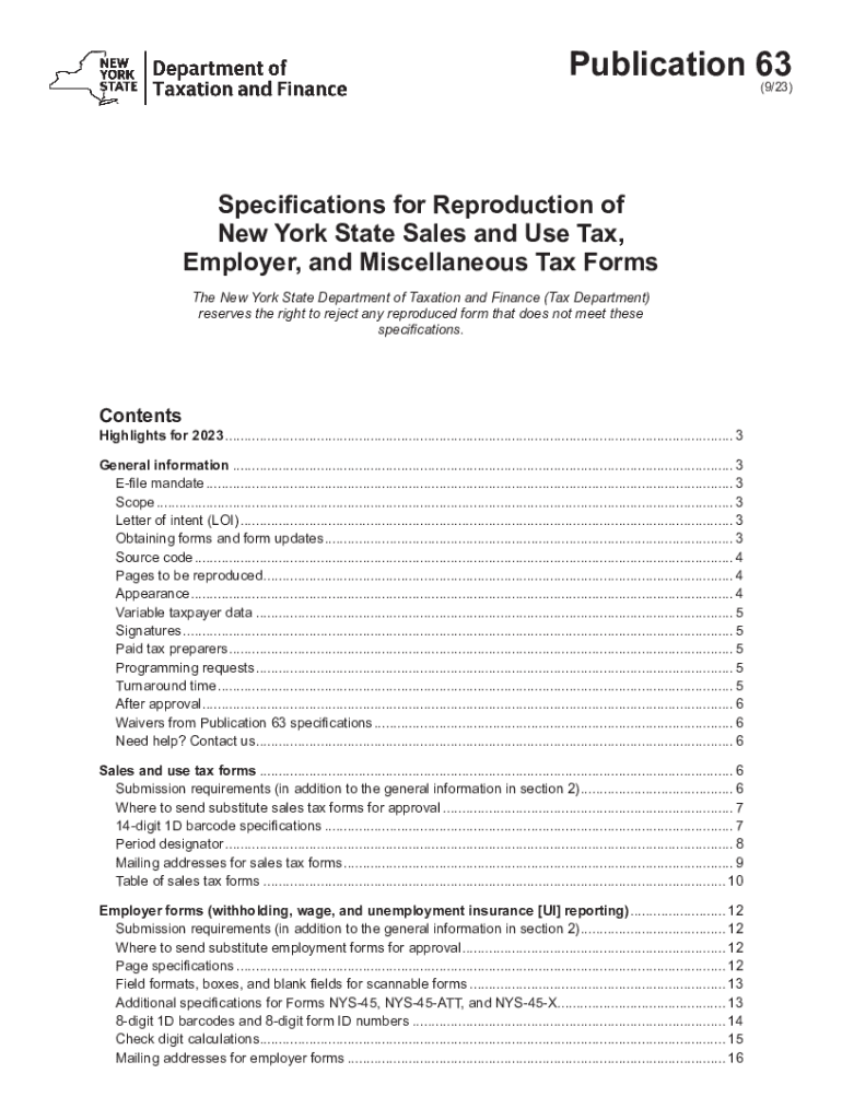 Publcation 63 Specifications for Reproduction of New York State Sales and Use Tax, Employer, and Mis Preview on Page 1